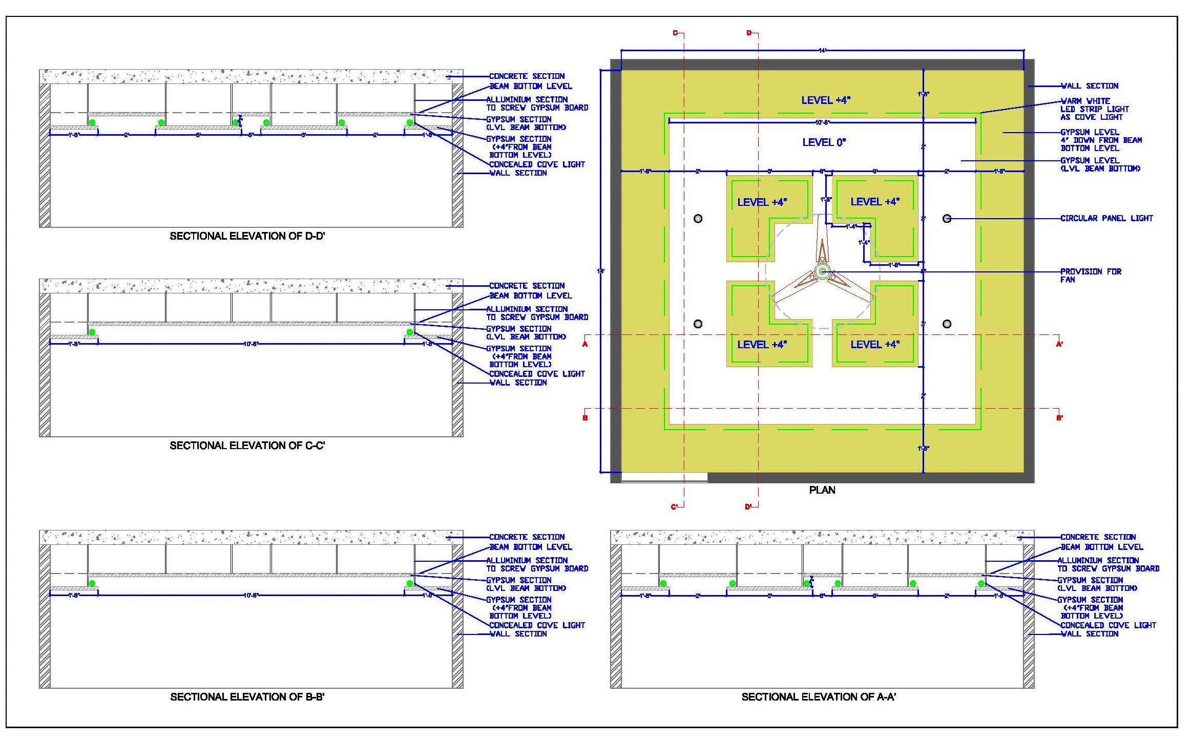 False Ceiling Design 14'x14' - CAD Plan and Sections